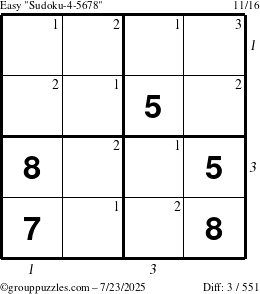 The grouppuzzles.com Easy Sudoku-4-5678 puzzle for Wednesday July 23, 2025 with all 3 steps marked