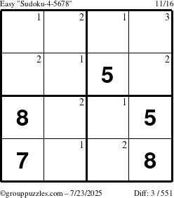 The grouppuzzles.com Easy Sudoku-4-5678 puzzle for Wednesday July 23, 2025 with the first 3 steps marked