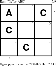 The grouppuzzles.com Easy TicTac-ABC puzzle for Wednesday July 23, 2025 with all 2 steps marked