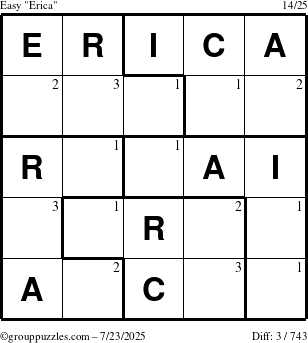 The grouppuzzles.com Easy Erica puzzle for Wednesday July 23, 2025 with the first 3 steps marked