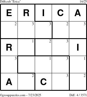 The grouppuzzles.com Difficult Erica puzzle for Wednesday July 23, 2025 with the first 3 steps marked