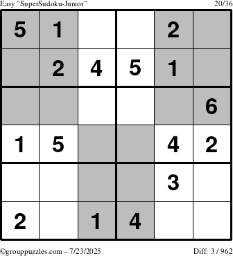 The grouppuzzles.com Easy SuperSudoku-Junior puzzle for Wednesday July 23, 2025