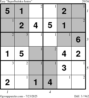 The grouppuzzles.com Easy SuperSudoku-Junior puzzle for Wednesday July 23, 2025 with all 3 steps marked