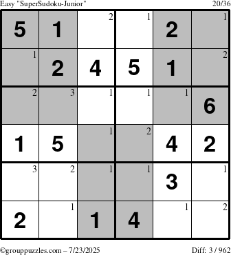 The grouppuzzles.com Easy SuperSudoku-Junior puzzle for Wednesday July 23, 2025 with the first 3 steps marked