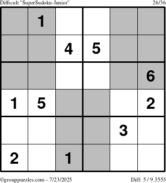 The grouppuzzles.com Difficult SuperSudoku-Junior puzzle for Wednesday July 23, 2025