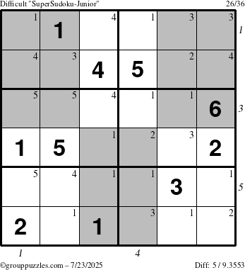 The grouppuzzles.com Difficult SuperSudoku-Junior puzzle for Wednesday July 23, 2025 with all 5 steps marked