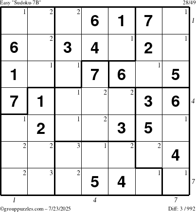 The grouppuzzles.com Easy Sudoku-7B puzzle for Wednesday July 23, 2025 with all 3 steps marked