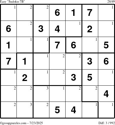 The grouppuzzles.com Easy Sudoku-7B puzzle for Wednesday July 23, 2025 with the first 3 steps marked