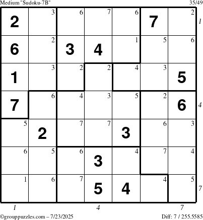 The grouppuzzles.com Medium Sudoku-7B puzzle for Wednesday July 23, 2025 with all 7 steps marked