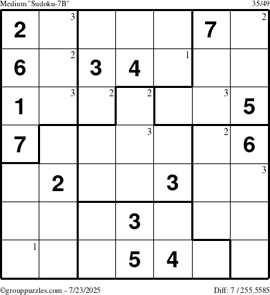 The grouppuzzles.com Medium Sudoku-7B puzzle for Wednesday July 23, 2025 with the first 3 steps marked