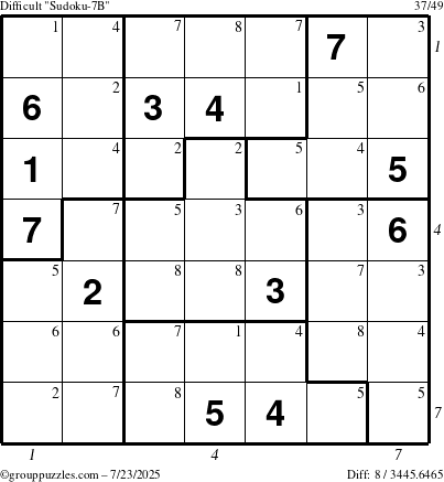 The grouppuzzles.com Difficult Sudoku-7B puzzle for Wednesday July 23, 2025 with all 8 steps marked