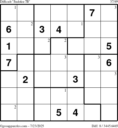 The grouppuzzles.com Difficult Sudoku-7B puzzle for Wednesday July 23, 2025 with the first 3 steps marked