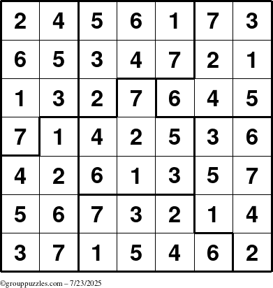 The grouppuzzles.com Answer grid for the Sudoku-7B puzzle for Wednesday July 23, 2025