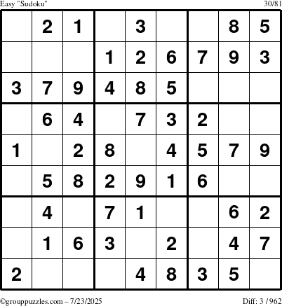 The grouppuzzles.com Easy Sudoku puzzle for Wednesday July 23, 2025