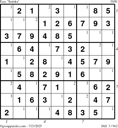 The grouppuzzles.com Easy Sudoku puzzle for Wednesday July 23, 2025 with all 3 steps marked
