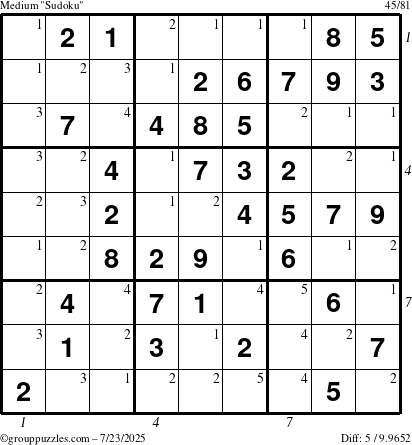The grouppuzzles.com Medium Sudoku puzzle for Wednesday July 23, 2025 with all 5 steps marked