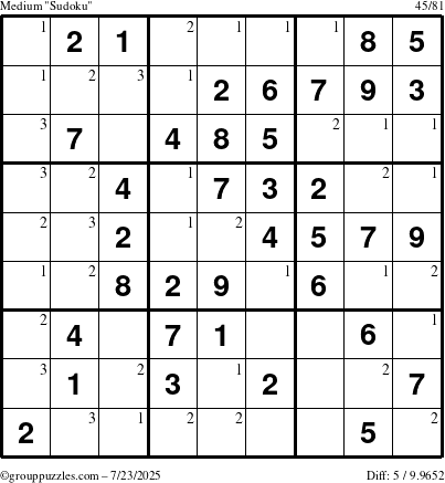 The grouppuzzles.com Medium Sudoku puzzle for Wednesday July 23, 2025 with the first 3 steps marked