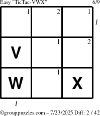 The grouppuzzles.com Easy TicTac-VWX puzzle for Wednesday July 23, 2025 with all 2 steps marked