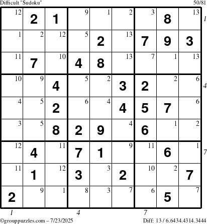 The grouppuzzles.com Difficult Sudoku puzzle for Wednesday July 23, 2025, suitable for printing, with all 13 steps marked