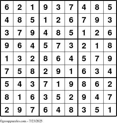The grouppuzzles.com Answer grid for the Sudoku puzzle for Wednesday July 23, 2025