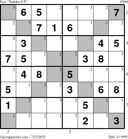 The grouppuzzles.com Easy Sudoku-8-X puzzle for Wednesday July 23, 2025, suitable for printing, with all 4 steps marked