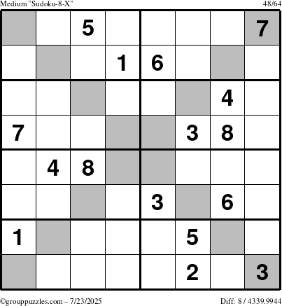 The grouppuzzles.com Medium Sudoku-8-X puzzle for Wednesday July 23, 2025