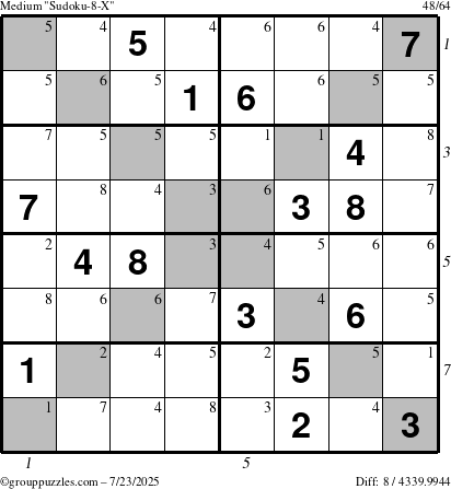 The grouppuzzles.com Medium Sudoku-8-X puzzle for Wednesday July 23, 2025, suitable for printing, with all 8 steps marked