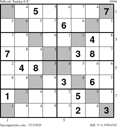 The grouppuzzles.com Difficult Sudoku-8-X puzzle for Wednesday July 23, 2025, suitable for printing, with all 9 steps marked