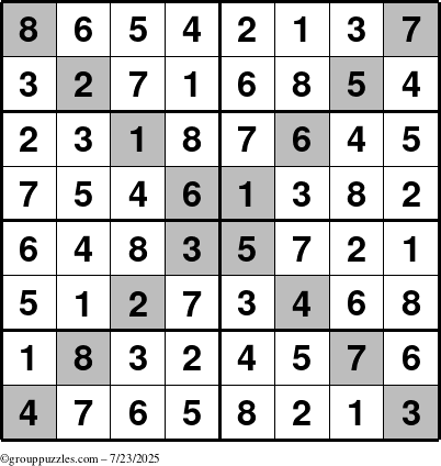 The grouppuzzles.com Answer grid for the Sudoku-8-X puzzle for Wednesday July 23, 2025