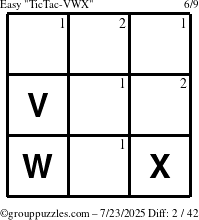 The grouppuzzles.com Easy TicTac-VWX puzzle for Wednesday July 23, 2025 with the first 2 steps marked