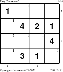 The grouppuzzles.com Easy Sudoku-4 puzzle for Sunday June 28, 2026, suitable for printing, with all 2 steps marked