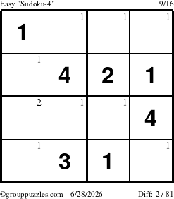 The grouppuzzles.com Easy Sudoku-4 puzzle for Sunday June 28, 2026 with the first 2 steps marked