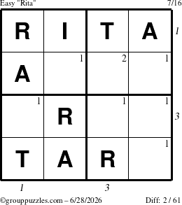 The grouppuzzles.com Easy Rita puzzle for Sunday June 28, 2026, suitable for printing, with all 2 steps marked