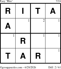 The grouppuzzles.com Easy Rita puzzle for Sunday June 28, 2026 with the first 2 steps marked