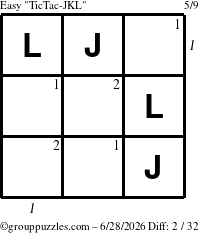 The grouppuzzles.com Easy TicTac-JKL puzzle for Sunday June 28, 2026 with all 2 steps marked