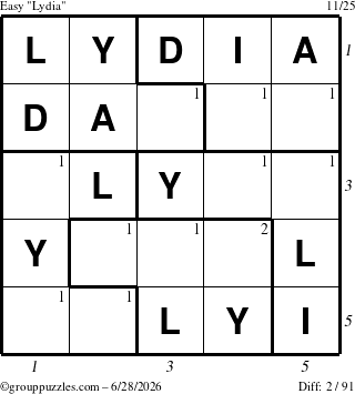 The grouppuzzles.com Easy Lydia puzzle for Sunday June 28, 2026, suitable for printing, with all 2 steps marked