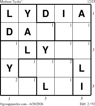 The grouppuzzles.com Medium Lydia puzzle for Sunday June 28, 2026 with all 2 steps marked