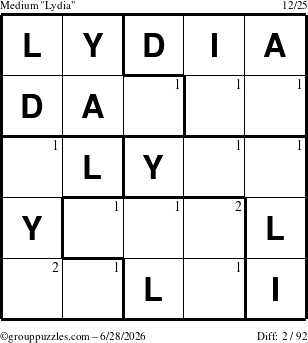 The grouppuzzles.com Medium Lydia puzzle for Sunday June 28, 2026 with the first 2 steps marked