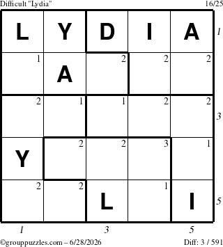 The grouppuzzles.com Difficult Lydia puzzle for Sunday June 28, 2026 with all 3 steps marked