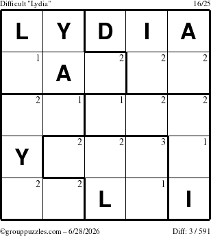 The grouppuzzles.com Difficult Lydia puzzle for Sunday June 28, 2026 with the first 3 steps marked