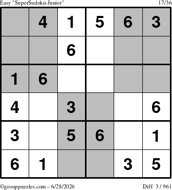 The grouppuzzles.com Easy SuperSudoku-Junior puzzle for Sunday June 28, 2026