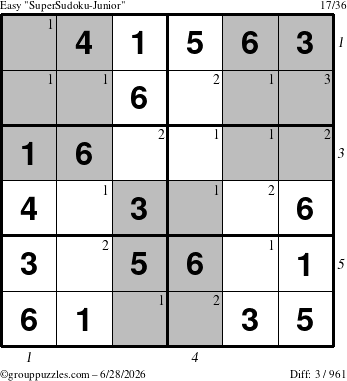 The grouppuzzles.com Easy SuperSudoku-Junior puzzle for Sunday June 28, 2026, suitable for printing, with all 3 steps marked