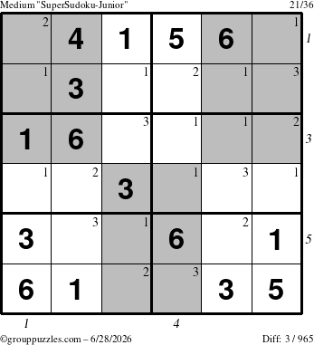The grouppuzzles.com Medium SuperSudoku-Junior puzzle for Sunday June 28, 2026 with all 3 steps marked