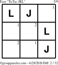 The grouppuzzles.com Easy TicTac-JKL puzzle for Sunday June 28, 2026 with the first 2 steps marked