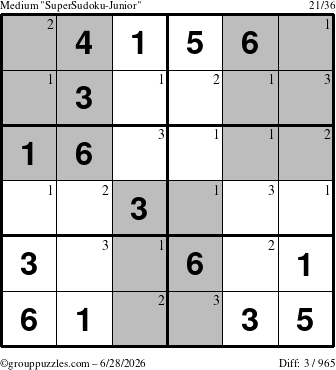 The grouppuzzles.com Medium SuperSudoku-Junior puzzle for Sunday June 28, 2026 with the first 3 steps marked