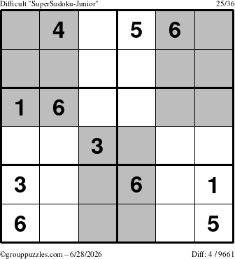 The grouppuzzles.com Difficult SuperSudoku-Junior puzzle for Sunday June 28, 2026
