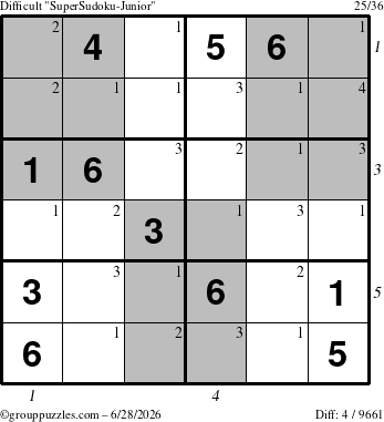 The grouppuzzles.com Difficult SuperSudoku-Junior puzzle for Sunday June 28, 2026, suitable for printing, with all 4 steps marked