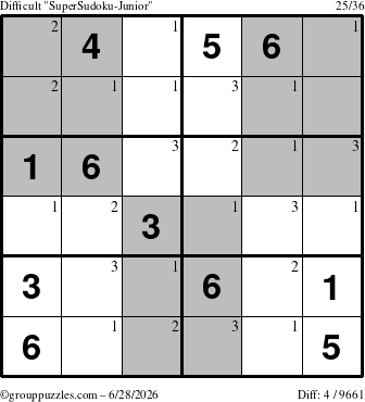 The grouppuzzles.com Difficult SuperSudoku-Junior puzzle for Sunday June 28, 2026 with the first 3 steps marked