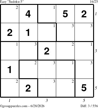 The grouppuzzles.com Easy Sudoku-5 puzzle for Sunday June 28, 2026 with all 3 steps marked