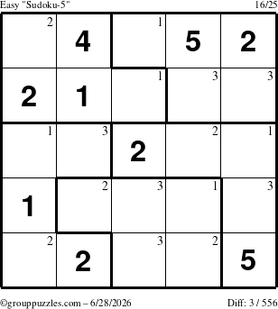 The grouppuzzles.com Easy Sudoku-5 puzzle for Sunday June 28, 2026 with the first 3 steps marked